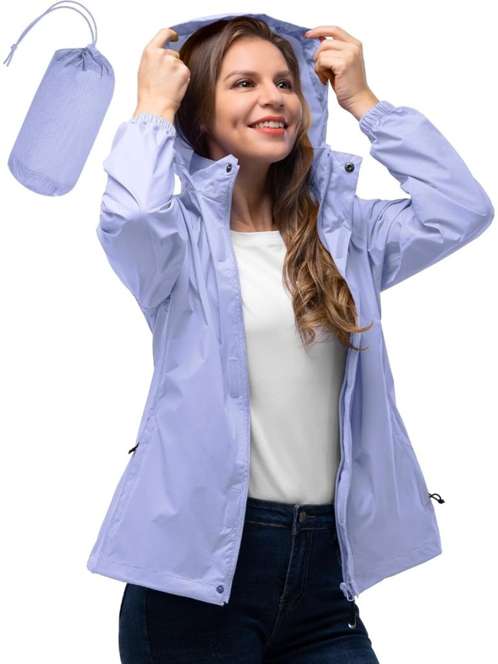 〽️Women's Lightweight Light Purple Hooded Rain Jacket Packable Waterproof Coat